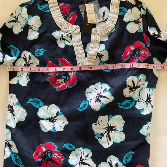 Talbots 100% Linen Beaded Neckline Navy Hibiscus Tropical Floral Tunic Dress XS - Picture 9 of 15
